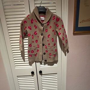 Hannah Andersson Tan Cardigan with Pink Leopard Print